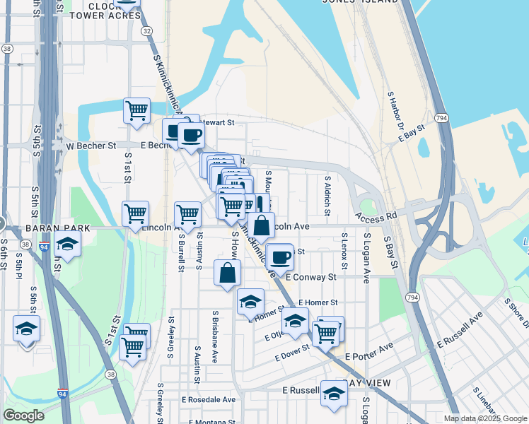 map of restaurants, bars, coffee shops, grocery stores, and more near 2251 South Mound Street in Milwaukee