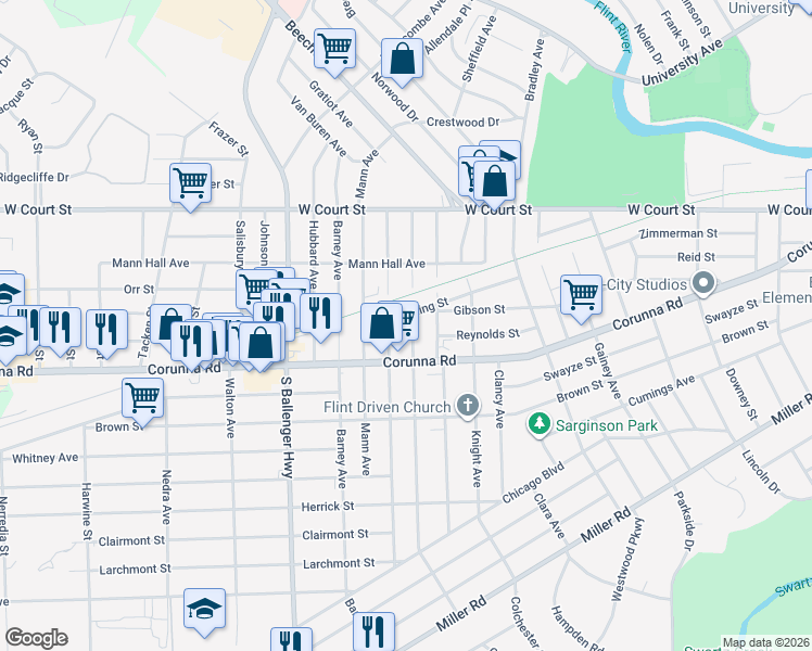 map of restaurants, bars, coffee shops, grocery stores, and more near 1008 Knapp Avenue in Flint