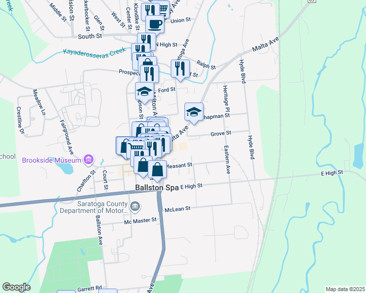 map of restaurants, bars, coffee shops, grocery stores, and more near 9 Scott Street in Ballston Spa