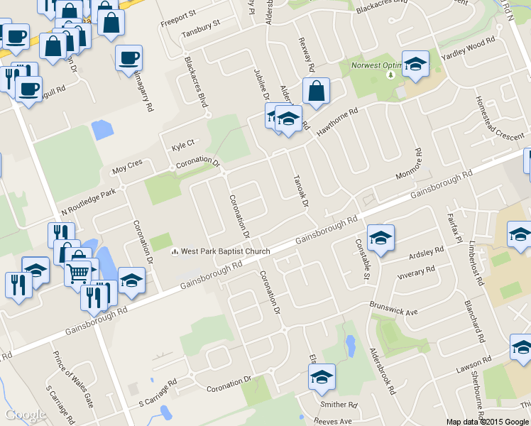map of restaurants, bars, coffee shops, grocery stores, and more near 1687 Seymour Crescent in London