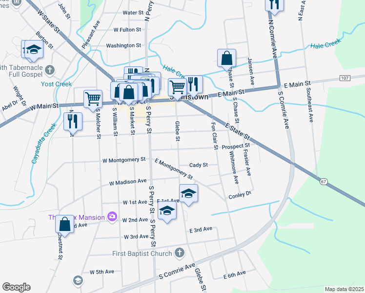map of restaurants, bars, coffee shops, grocery stores, and more near 212 Glebe Street in Johnstown