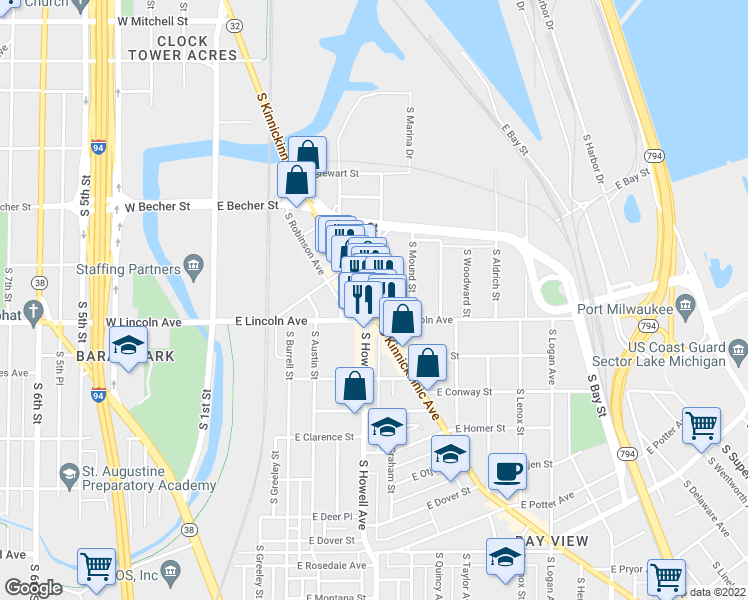 map of restaurants, bars, coffee shops, grocery stores, and more near 2262 South Kinnickinnic Avenue in Milwaukee