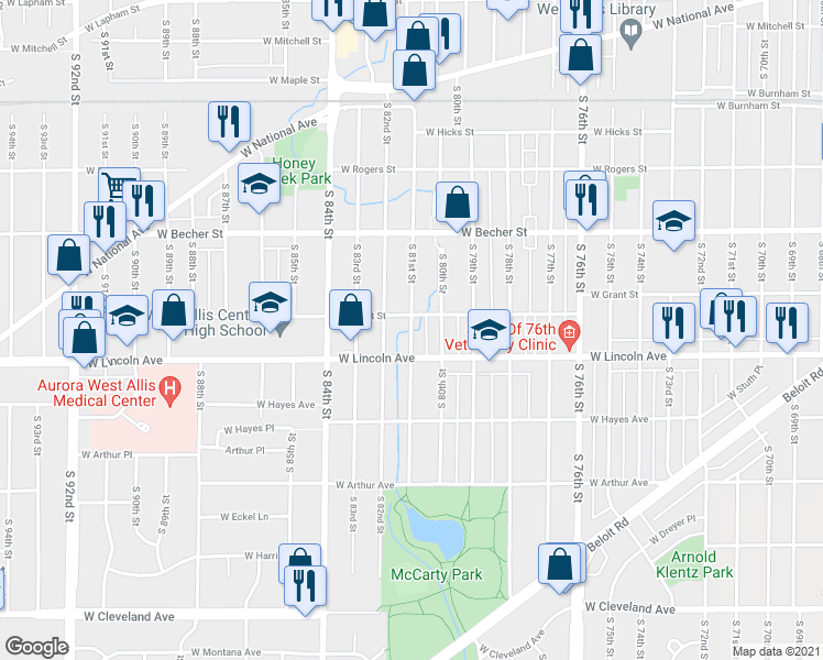 map of restaurants, bars, coffee shops, grocery stores, and more near 2234 S 81st St in West Allis