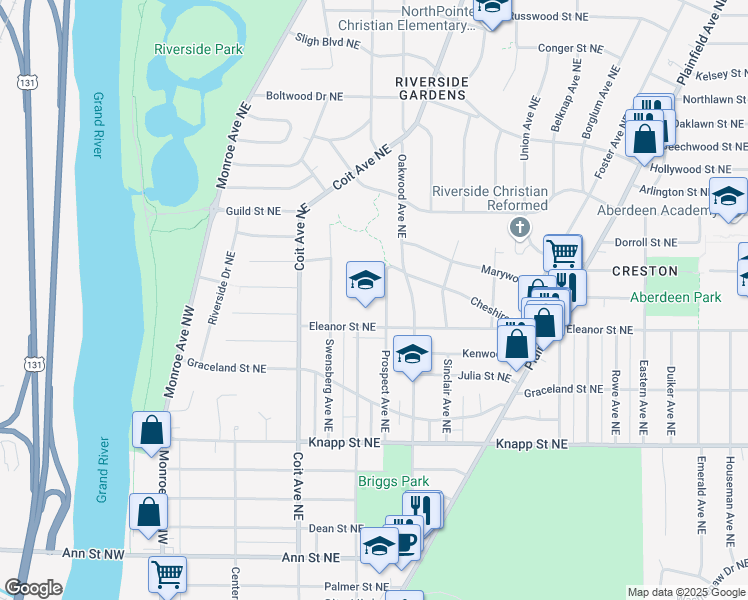 map of restaurants, bars, coffee shops, grocery stores, and more near 265 Eleanor Street Northeast in Grand Rapids