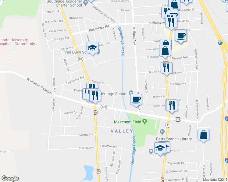 map of restaurants, bars, coffee shops, grocery stores, and more near 227 Milburn Dr in Syracuse