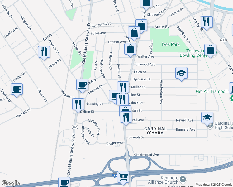 map of restaurants, bars, coffee shops, grocery stores, and more near 227 Highland Avenue in Tonawanda