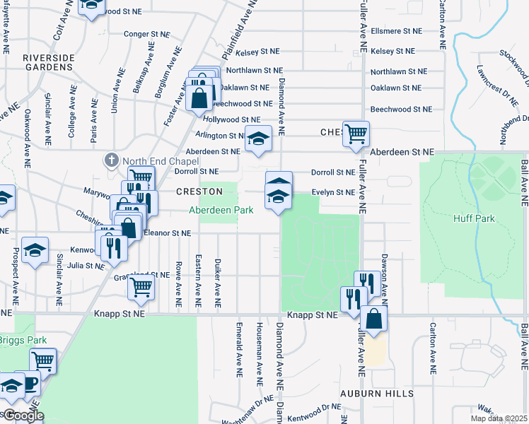 map of restaurants, bars, coffee shops, grocery stores, and more near 2233 Diamond Avenue Northeast in Grand Rapids