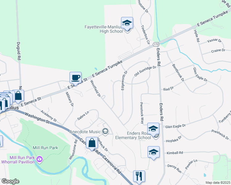 map of restaurants, bars, coffee shops, grocery stores, and more near 4781 Edgeworth Drive in Manlius