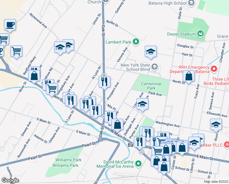 map of restaurants, bars, coffee shops, grocery stores, and more near 16 Prospect Avenue in Batavia