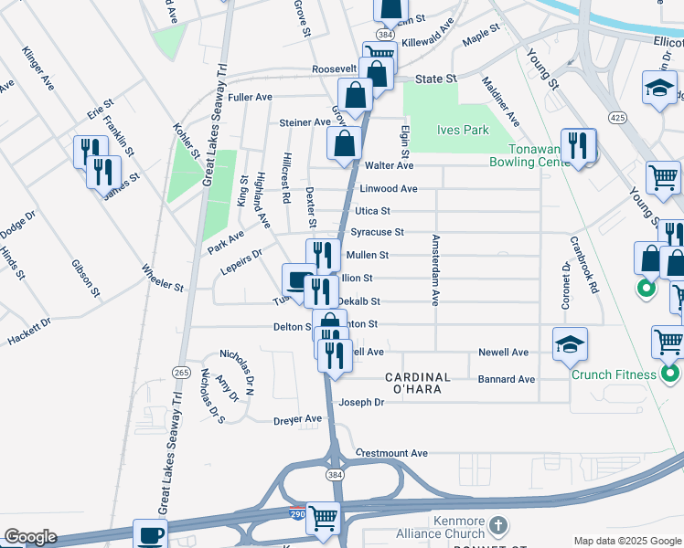 map of restaurants, bars, coffee shops, grocery stores, and more near 567 Delaware Street in Tonawanda