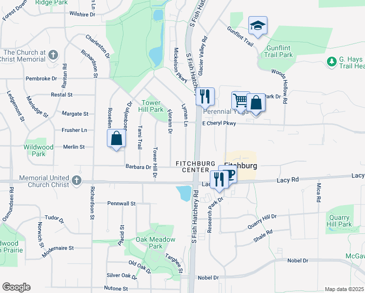 map of restaurants, bars, coffee shops, grocery stores, and more near 2739 Lyman Lane in Fitchburg