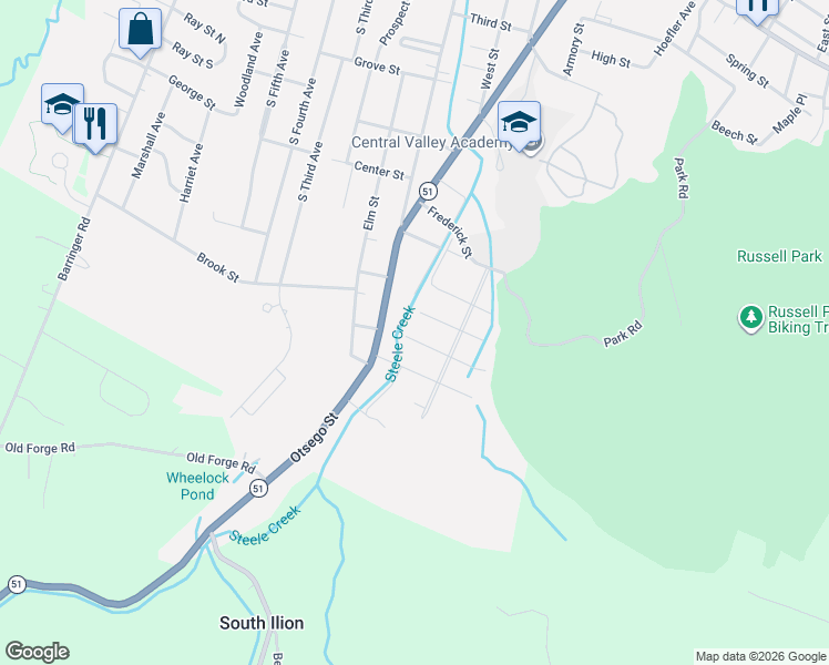 map of restaurants, bars, coffee shops, grocery stores, and more near 3 Monroe Street in Ilion