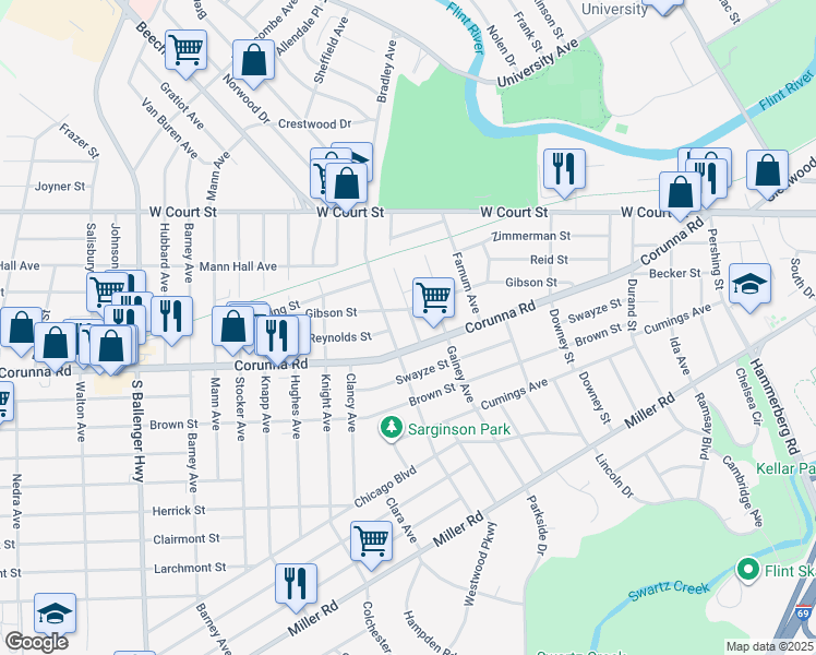 map of restaurants, bars, coffee shops, grocery stores, and more near 1014 Hammond Street in Flint