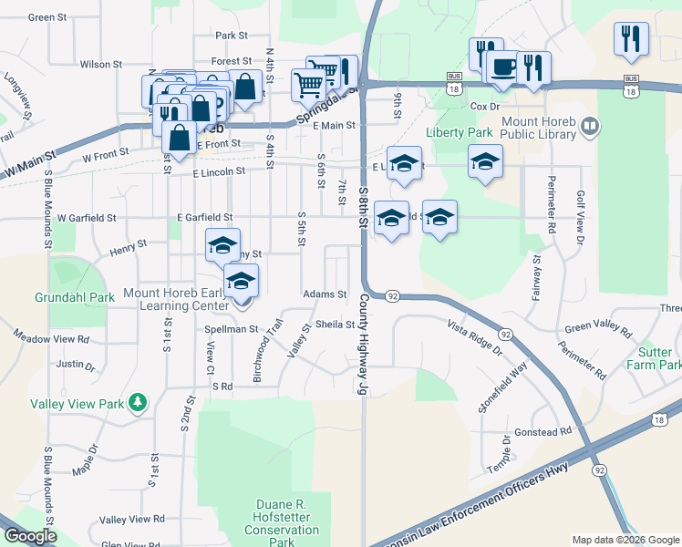 map of restaurants, bars, coffee shops, grocery stores, and more near 113 Ridge Drive in Mount Horeb