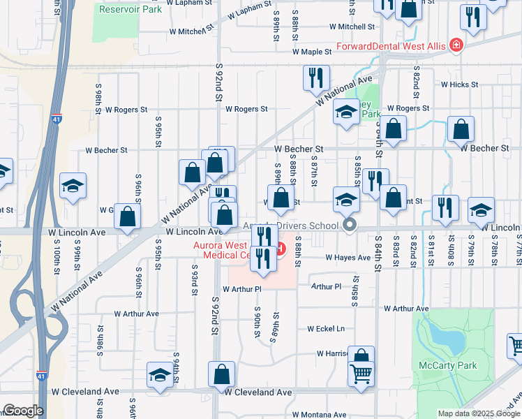 map of restaurants, bars, coffee shops, grocery stores, and more near 2212 South 90th Street in West Allis
