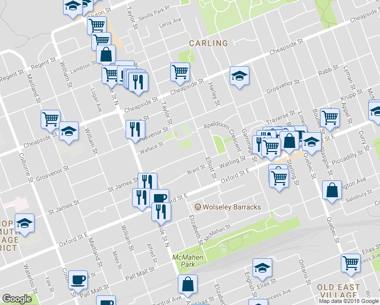 map of restaurants, bars, coffee shops, grocery stores, and more near 678 Saint James Street in London