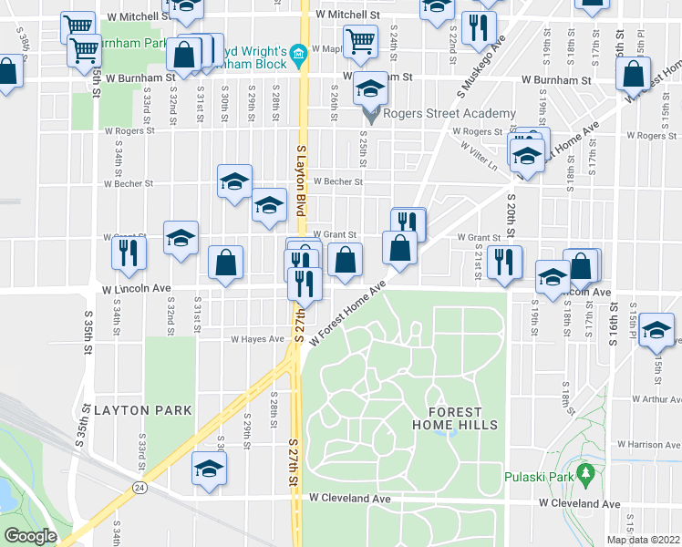 map of restaurants, bars, coffee shops, grocery stores, and more near 2256 South 26th Street in Milwaukee