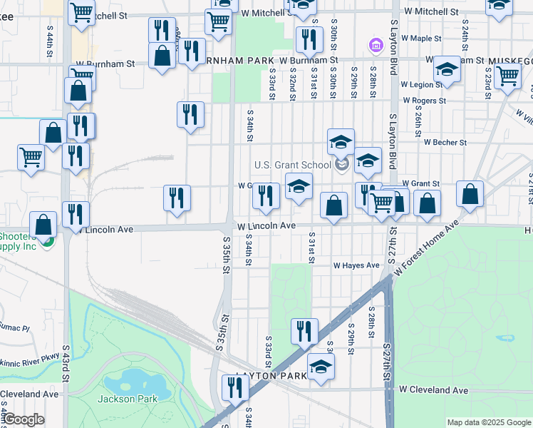 map of restaurants, bars, coffee shops, grocery stores, and more near 2257 South 33rd Street in Milwaukee