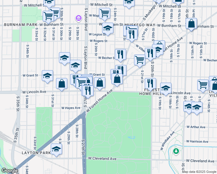 map of restaurants, bars, coffee shops, grocery stores, and more near 2410 West Forest Home Avenue in Milwaukee