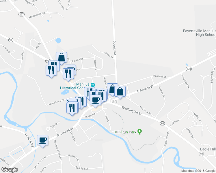 map of restaurants, bars, coffee shops, grocery stores, and more near 301 Pleasant St in Manlius