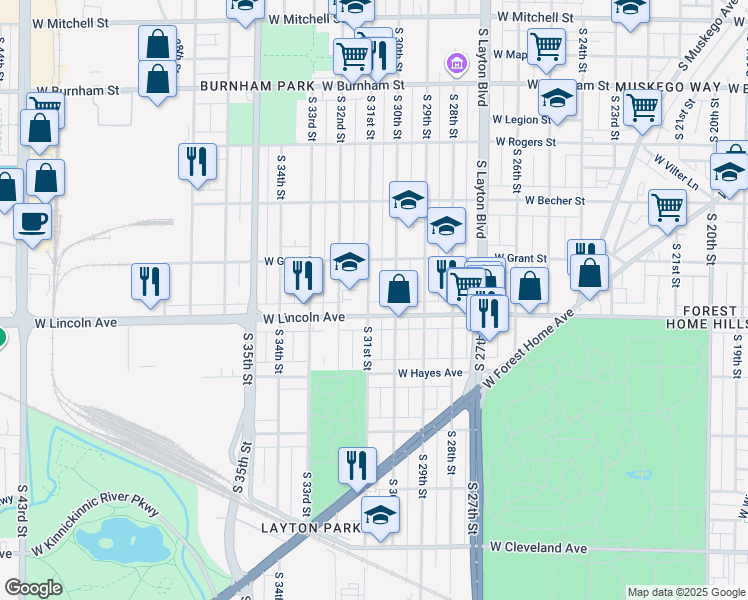 map of restaurants, bars, coffee shops, grocery stores, and more near 2258 South 31st Street in Milwaukee