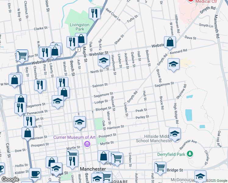 map of restaurants, bars, coffee shops, grocery stores, and more near 226 Sagamore Street in Manchester