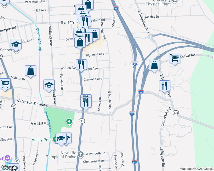 map of restaurants, bars, coffee shops, grocery stores, and more near 246 North Monticello Drive in Syracuse