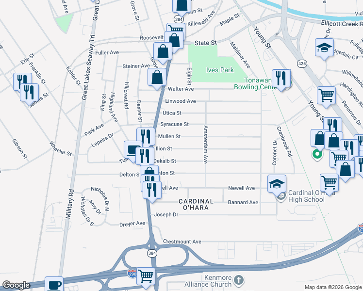 map of restaurants, bars, coffee shops, grocery stores, and more near 85 Ilion Street in Tonawanda