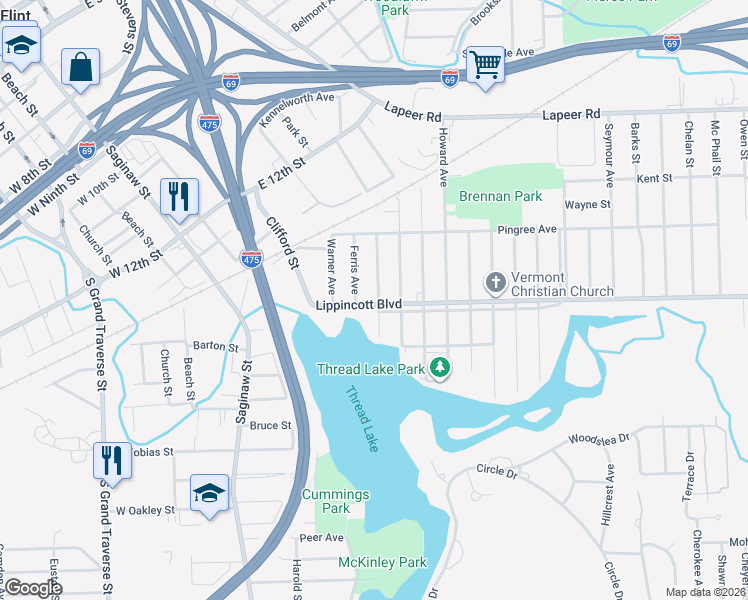 map of restaurants, bars, coffee shops, grocery stores, and more near 705 Lippincott Boulevard in Flint