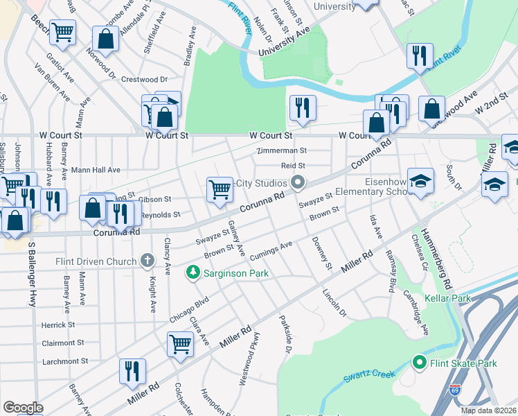 map of restaurants, bars, coffee shops, grocery stores, and more near 2517 Corunna Road in Flint
