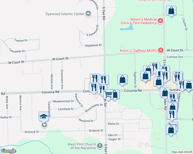 map of restaurants, bars, coffee shops, grocery stores, and more near 5296 Reuben Street in Flint