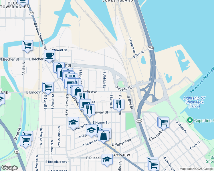 map of restaurants, bars, coffee shops, grocery stores, and more near 2240 South Aldrich Street in Milwaukee