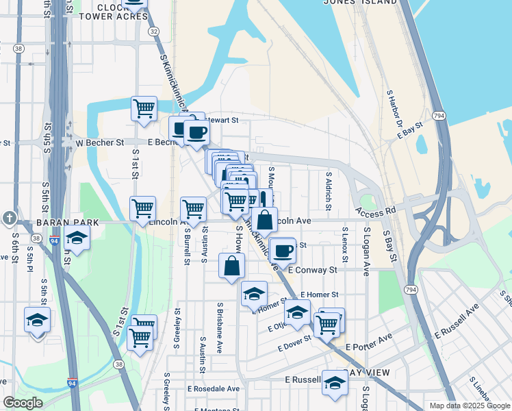 map of restaurants, bars, coffee shops, grocery stores, and more near 2251 South Mound Street in Milwaukee