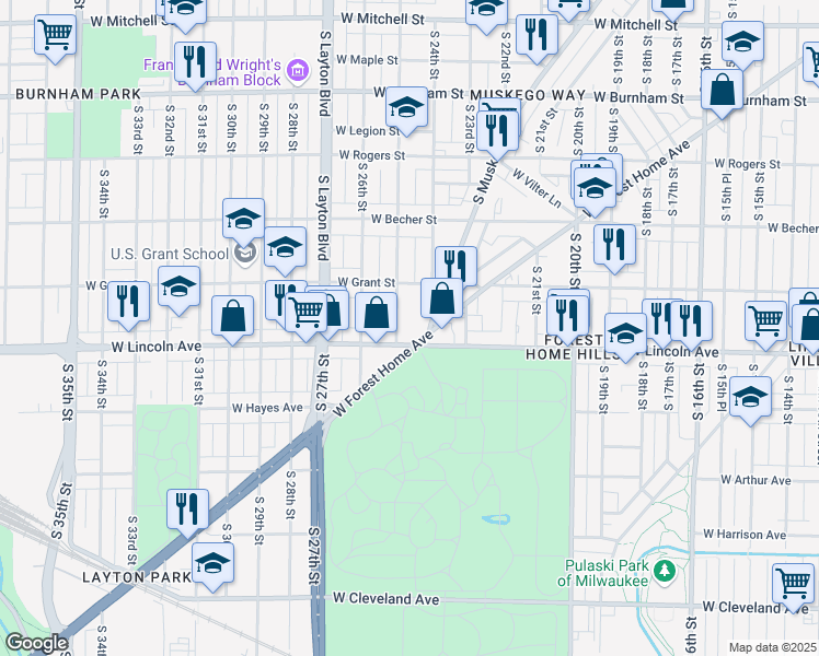 map of restaurants, bars, coffee shops, grocery stores, and more near 2410 West Forest Home Avenue in Milwaukee