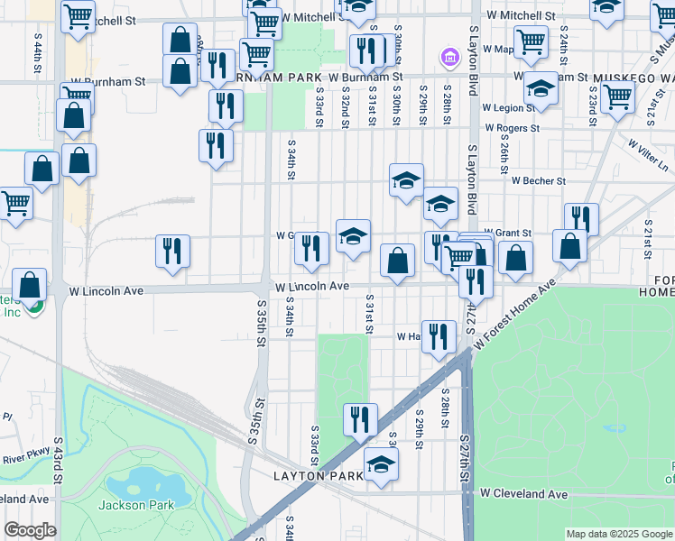 map of restaurants, bars, coffee shops, grocery stores, and more near 3132 West Lincoln Avenue in Milwaukee