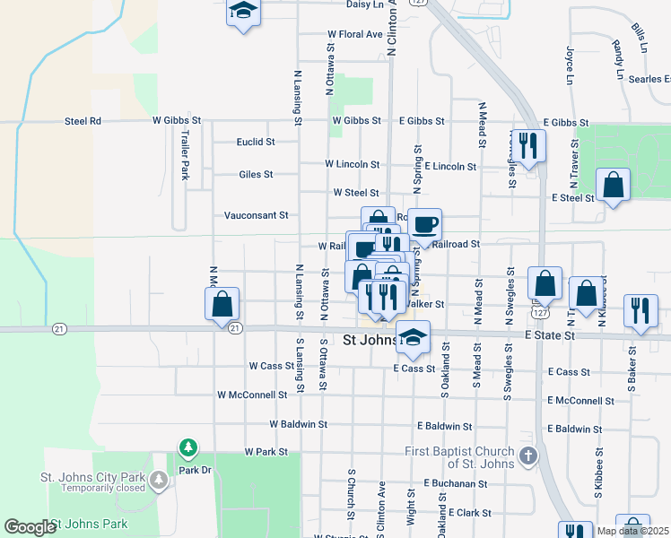 map of restaurants, bars, coffee shops, grocery stores, and more near 210 West Higham Street in Saint Johns