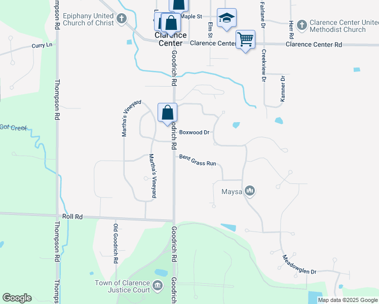 map of restaurants, bars, coffee shops, grocery stores, and more near 9495 Bent Grass Run in Clarence Center