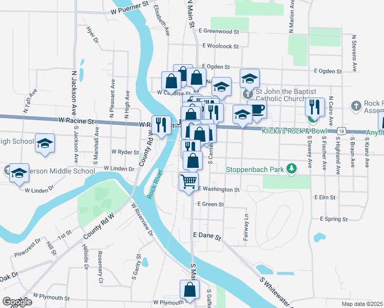 map of restaurants, bars, coffee shops, grocery stores, and more near 235 South Main Street in Jefferson