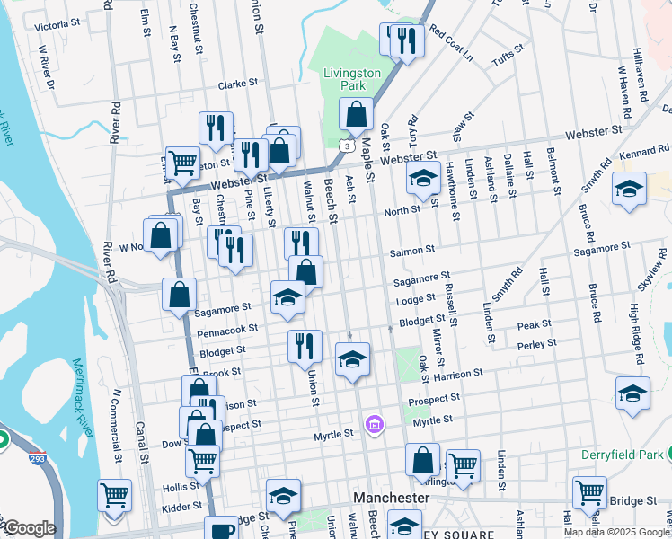 map of restaurants, bars, coffee shops, grocery stores, and more near 812 Beech Street in Manchester
