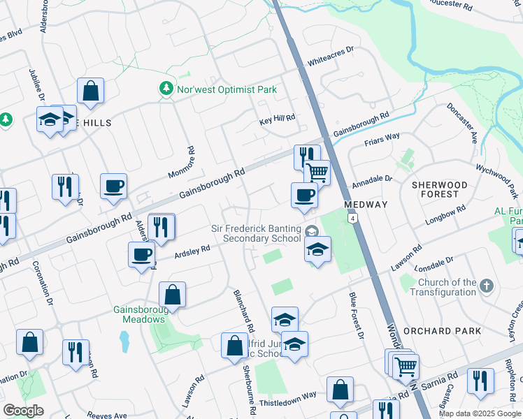 map of restaurants, bars, coffee shops, grocery stores, and more near Fairfax Court in London