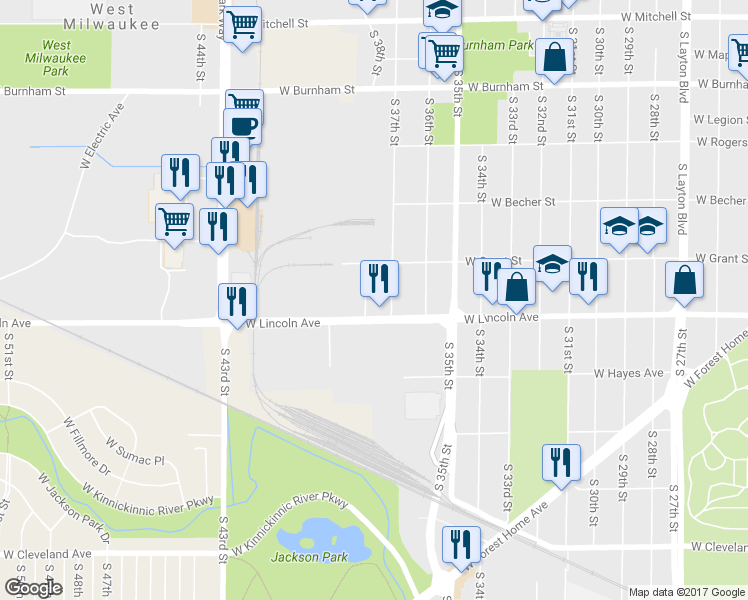 map of restaurants, bars, coffee shops, grocery stores, and more near 2240 South 38th Street in Milwaukee