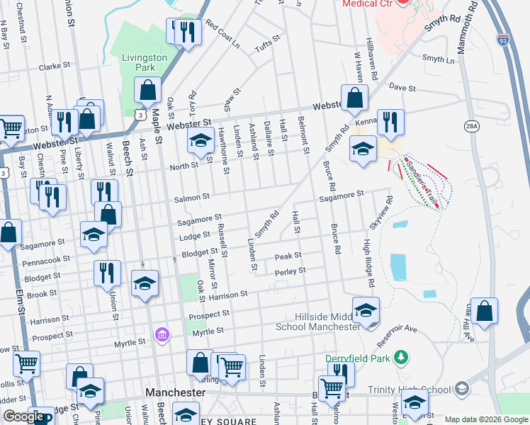 map of restaurants, bars, coffee shops, grocery stores, and more near 293 Sagamore Street in Manchester