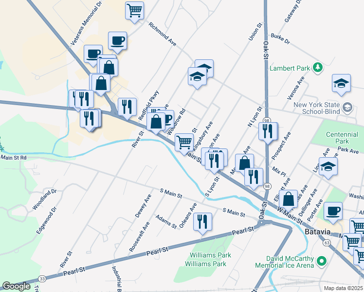 map of restaurants, bars, coffee shops, grocery stores, and more near 340 W Main St in Batavia