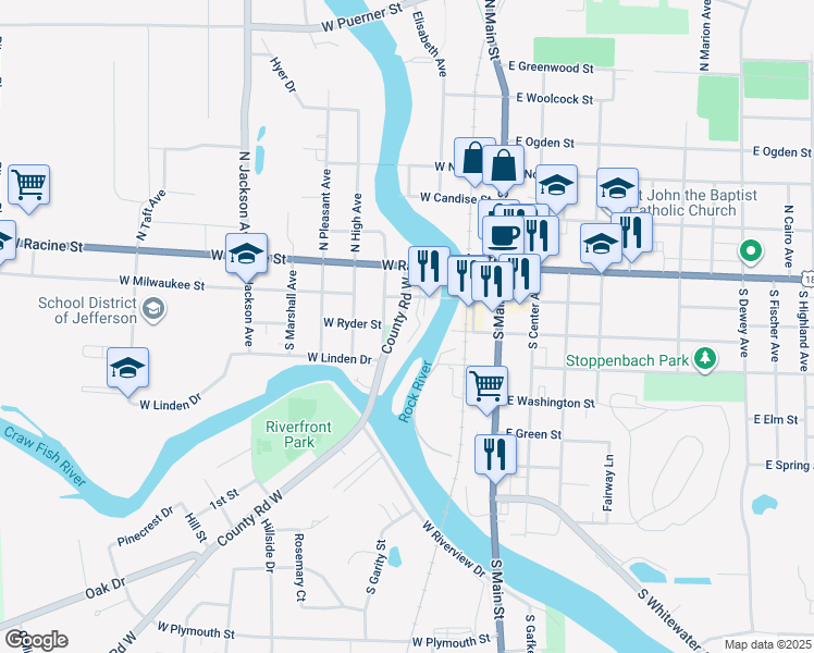 map of restaurants, bars, coffee shops, grocery stores, and more near 222 South Wisconsin Drive in Jefferson