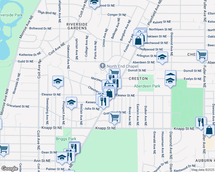 map of restaurants, bars, coffee shops, grocery stores, and more near 608 Marywood Drive Northeast in Grand Rapids