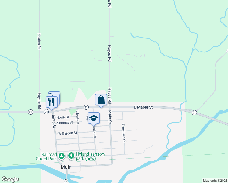 map of restaurants, bars, coffee shops, grocery stores, and more near 1180 Hayes Road in Muir
