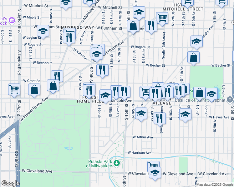 map of restaurants, bars, coffee shops, grocery stores, and more near 2249 South 17th Street in Milwaukee