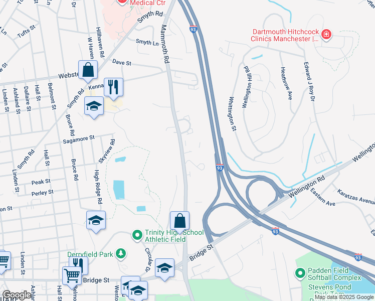 map of restaurants, bars, coffee shops, grocery stores, and more near 891 Mammoth Road in Manchester