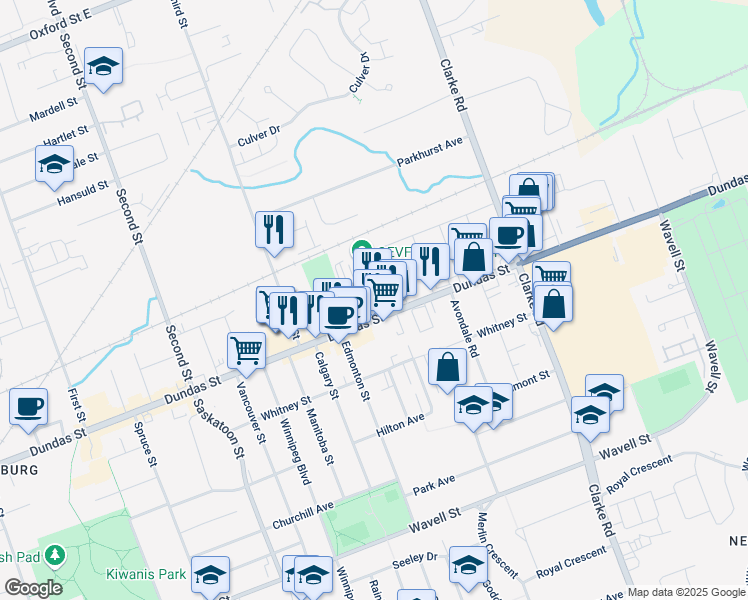 map of restaurants, bars, coffee shops, grocery stores, and more near 1800 Dundas Street in London