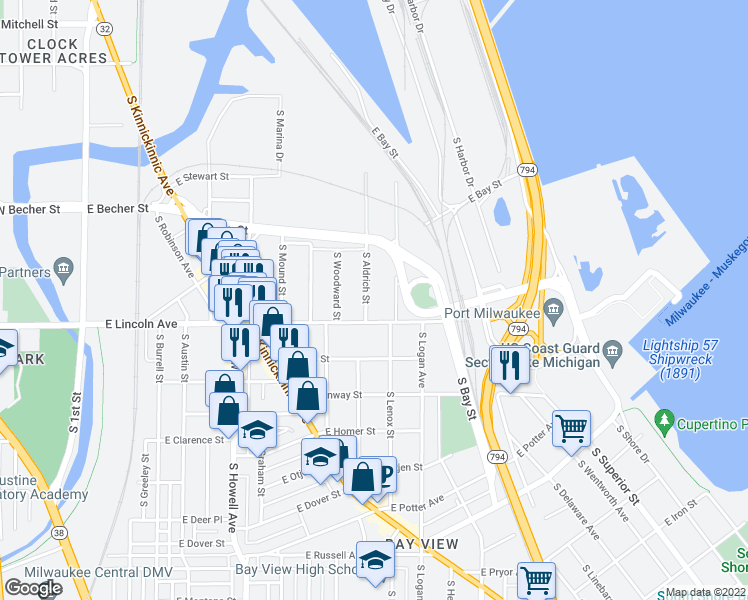 map of restaurants, bars, coffee shops, grocery stores, and more near 2240 South Aldrich Street in Milwaukee